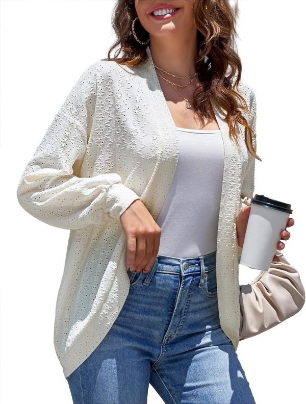 Womens Eyelet Cardigans Casual Open Front Soft Lightweight Lantern Long Saonta Cardigan S-XXL