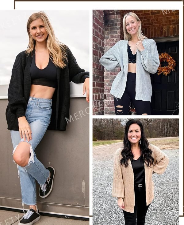 Women's 2024 Fall Open Front Long Lantern Saonta Cardigan Oversized Chunky Outwear with Pocket