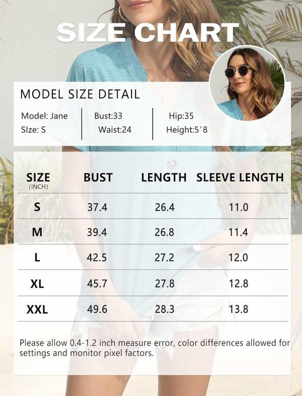 Womens Tshirts V Neck Short Saonta Buttons Tops Tee Solid Color Blouse Loose Fit