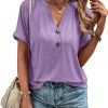 Womens Tshirts V Neck Short Saonta Buttons Tops Tee Solid Color Blouse Loose Fit