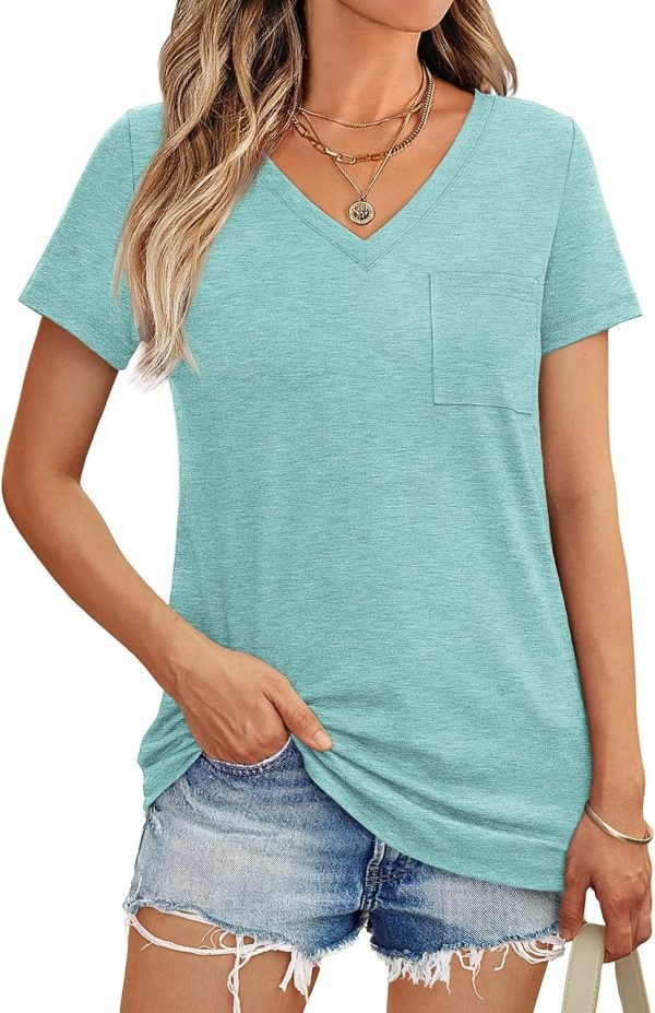 Womens T Shirts Short Saonta V Neck Tops with Pockets Summer Fashion Trendy Soft Casual Comfy Outfits Clothes 2024