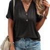 Womens Tshirts V Neck Short Saonta Buttons Tops Tee Solid Color Blouse Loose Fit