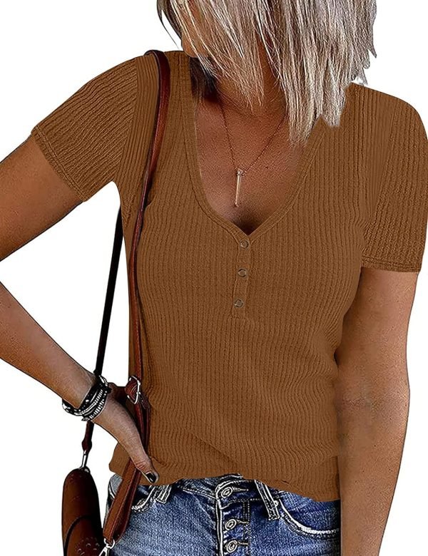 Women's Short Saonta V Neck Ribbed Knit Button T Shirts Henley Solid Color Summer Tops