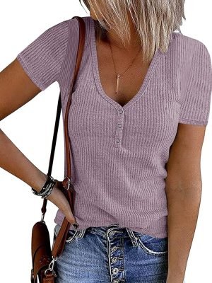 81Gl4UN3G8L._AC_SL1500 Women's Short Saonta V Neck Ribbed Knit Button T Shirts Henley Solid Color Summer Tops