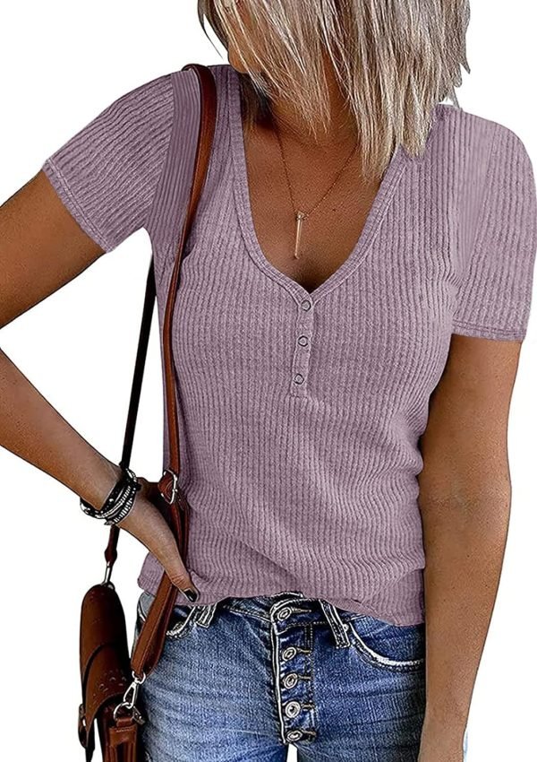 Women's Short Saonta V Neck Ribbed Knit Button T Shirts Henley Solid Color Summer Tops