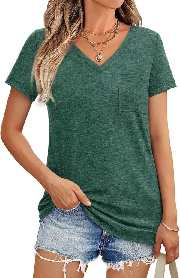 Womens T Shirts Short Saonta V Neck Tops with Pockets Summer Fashion Trendy Soft Casual Comfy Outfits Clothes 2024