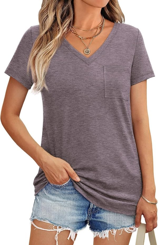 Womens T Shirts Short Saonta V Neck Tops with Pockets Summer Fashion Trendy Soft Casual Comfy Outfits Clothes 2024