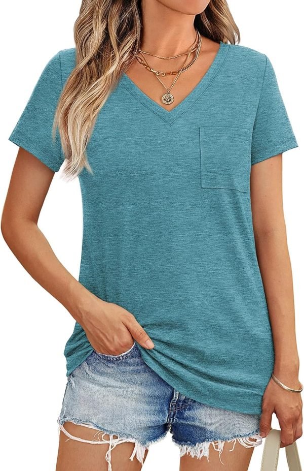 Womens T Shirts Short Saonta V Neck Tops with Pockets Summer Fashion Trendy Soft Casual Comfy Outfits Clothes 2024