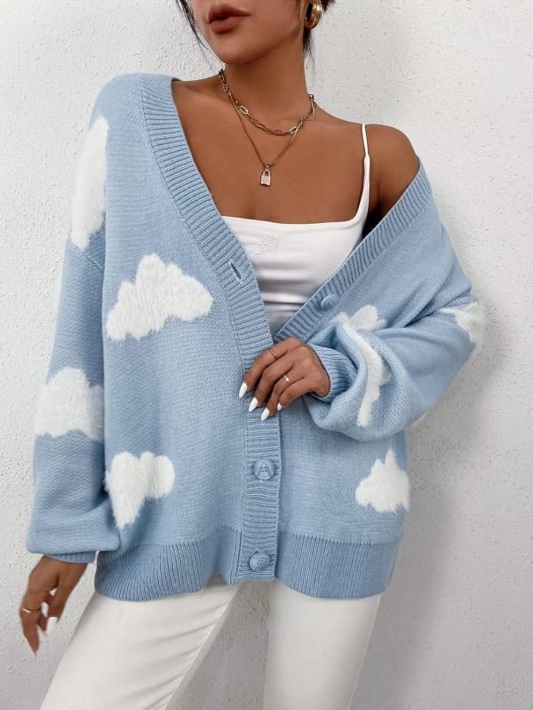 Women's Button Down V Neck Long Saonta Cloud Open Front Knit Cardigan Sweater