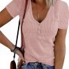 Women's Short Saonta V Neck Ribbed Knit Button T Shirts Henley Solid Color Summer Tops