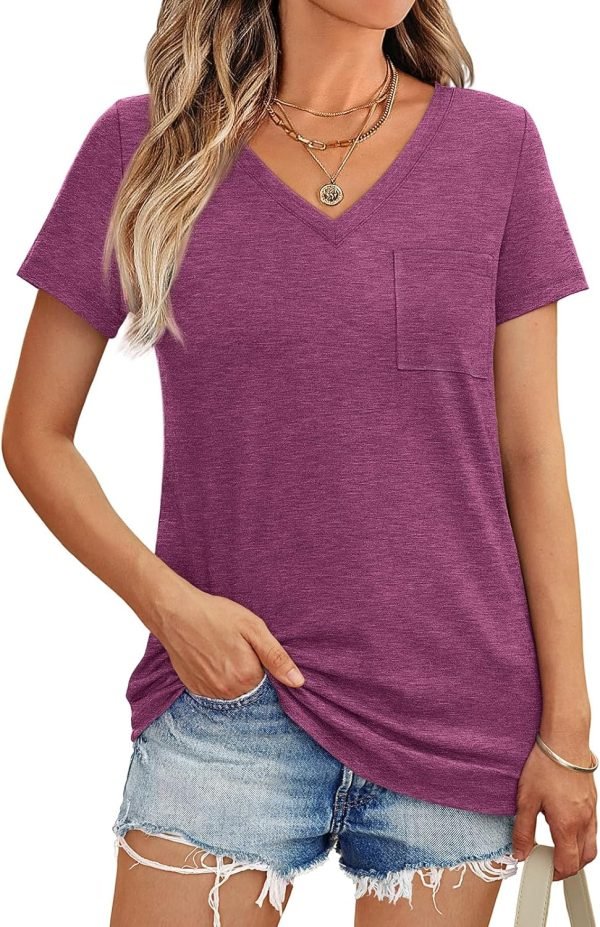 Womens T Shirts Short Saonta V Neck Tops with Pockets Summer Fashion Trendy Soft Casual Comfy Outfits Clothes 2024