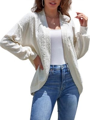 81Y2etGlXhL._AC_SL1500 Womens Eyelet Cardigans Casual Open Front Soft Lightweight Lantern Long Saonta Cardigan S-XXL
