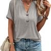 Womens Tshirts V Neck Short Saonta Buttons Tops Tee Solid Color Blouse Loose Fit
