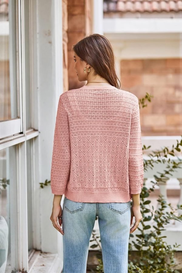 2024 Women's 3/4 Saonta Crochet Knit Button Down Cardigan Cropped Shrug Bolero Lightweight Sweaters Tops