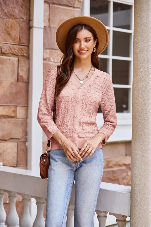 2024 Women's 3/4 Saonta Crochet Knit Button Down Cardigan Cropped Shrug Bolero Lightweight Sweaters Tops