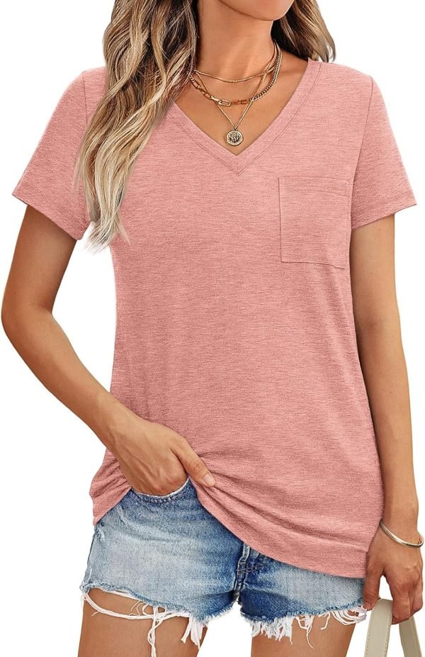 Womens T Shirts Short Saonta V Neck Tops with Pockets Summer Fashion Trendy Soft Casual Comfy Outfits Clothes 2024
