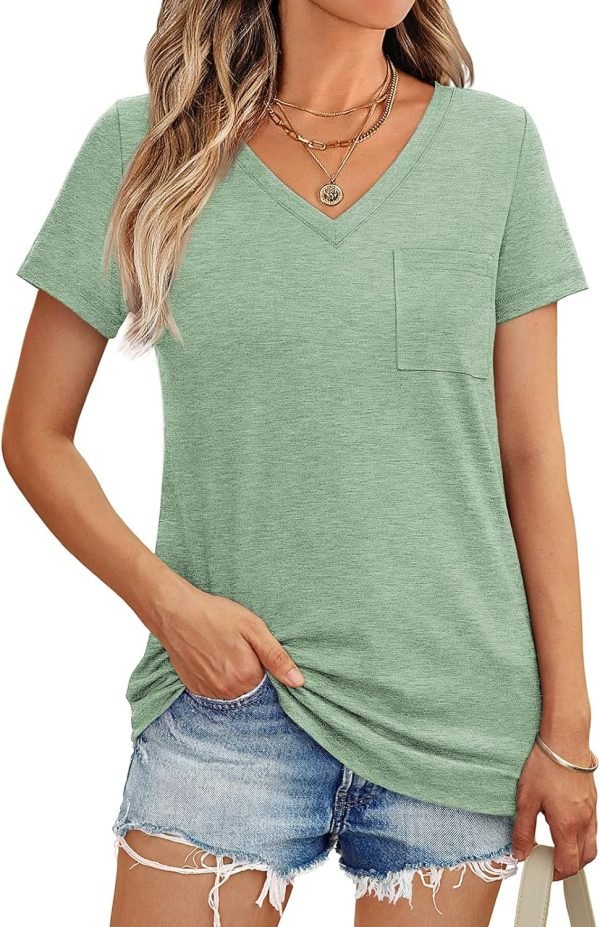 Womens T Shirts Short Saonta V Neck Tops with Pockets Summer Fashion Trendy Soft Casual Comfy Outfits Clothes 2024