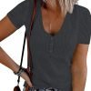 Women's Short Saonta V Neck Ribbed Knit Button T Shirts Henley Solid Color Summer Tops