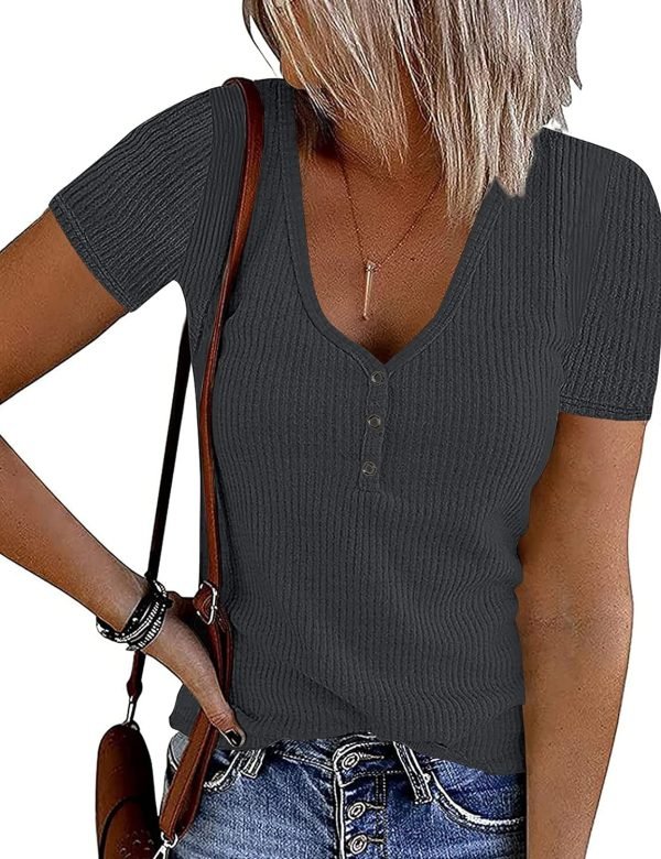 Women's Short Saonta V Neck Ribbed Knit Button T Shirts Henley Solid Color Summer Tops