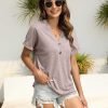 Womens Tshirts V Neck Short Saonta Buttons Tops Tee Solid Color Blouse Loose Fit