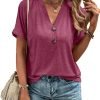 Womens Tshirts V Neck Short Saonta Buttons Tops Tee Solid Color Blouse Loose Fit