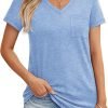 Womens T Shirts Short Saonta V Neck Tops with Pockets Summer Fashion Trendy Soft Casual Comfy Outfits Clothes 2024
