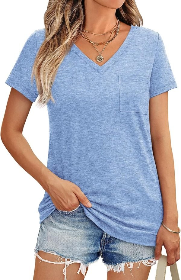 Womens T Shirts Short Saonta V Neck Tops with Pockets Summer Fashion Trendy Soft Casual Comfy Outfits Clothes 2024