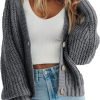 Womens Open Front Long Saonta Button Chunky Knit Cardigan Sweater