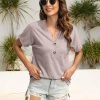 Womens Tshirts V Neck Short Saonta Buttons Tops Tee Solid Color Blouse Loose Fit