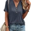 Womens Tshirts V Neck Short Saonta Buttons Tops Tee Solid Color Blouse Loose Fit