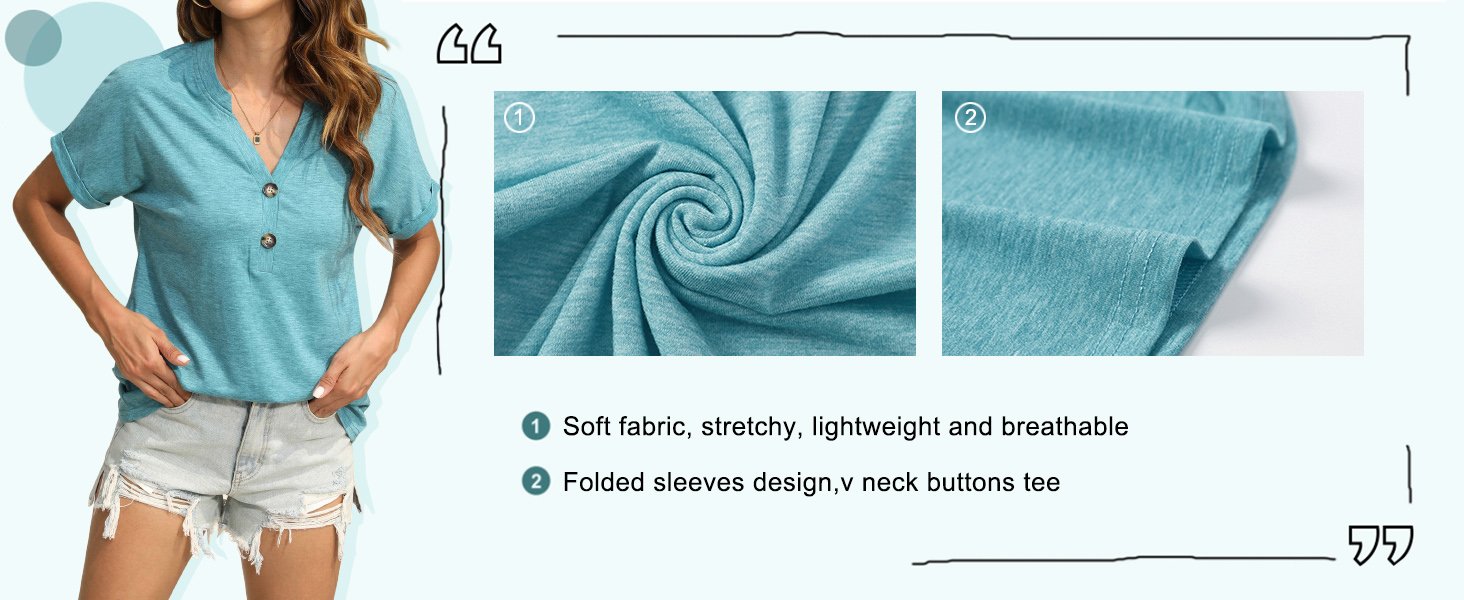 Womens Tshirts V Neck Short Saonta Buttons Tops Tee Solid Color Blouse Loose Fit