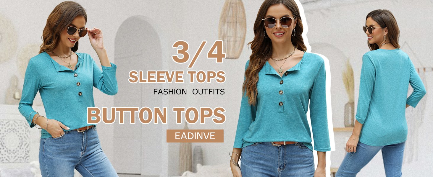 EADINVE Women3/4 Saonta T-Shirts Crew Neck Buttons Cute Casual Tunic Tops Basic Tees