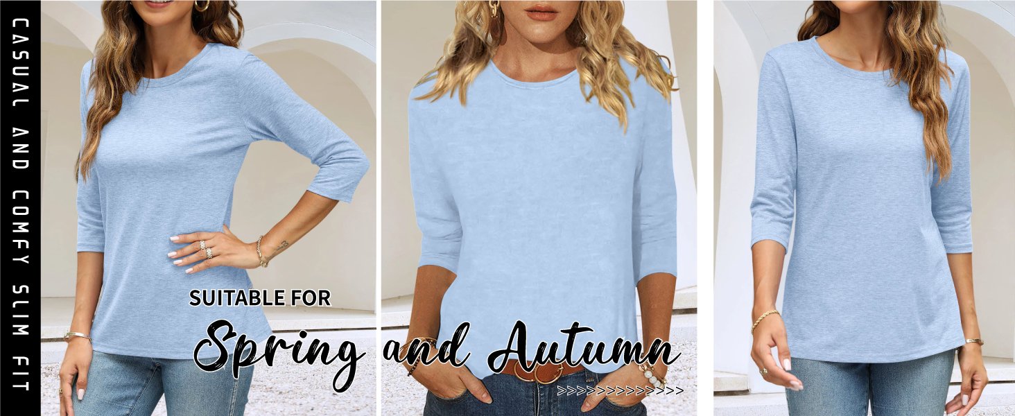 Womens Crew Neck 3/4 Saonta Tops Basic Button T-Shirts Solid Loose Cute Tunic Tee Blouses