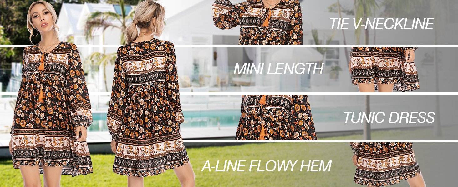 Womens Long Sleeve V Neck Boho Floral Print Casual Flowy Mini Dress