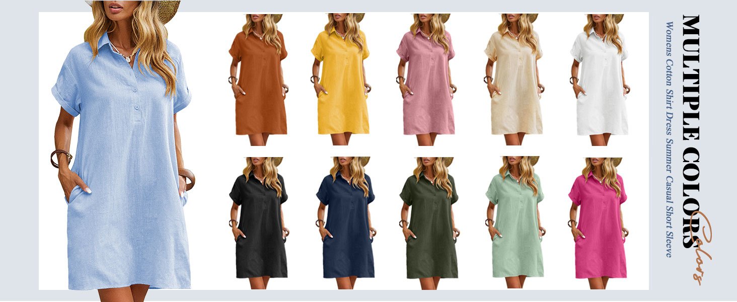 Womens Summer Casual Short Sleeve Button Down Beach Cotton Shirt Dress