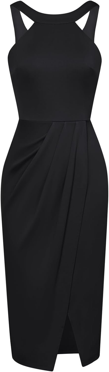 Saonta  KARIN Women's Halterneck Sleeveless Ruched Bodycon Slit Wrap Party Cocktail Midi Dress