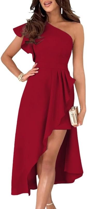 Saonta  Womens One Shoulder Sleeveless Ruffle Empire Waist Asymmetrical High-Low Bodycon Formal Wedding Guest Midi Dresses