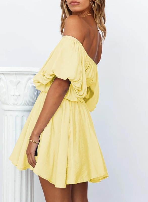Saonta  Womens Off The Shoulder Summer Dresses 2024 Short Lantern Sleeve Ruffle Elastic Waist A-Line Casual Mini Dress