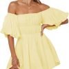 Saonta  Womens Off The Shoulder Summer Dresses 2024 Short Lantern Sleeve Ruffle Elastic Waist A-Line Casual Mini Dress