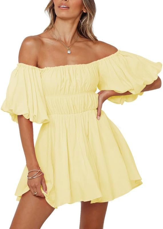 Saonta  Womens Off The Shoulder Summer Dresses 2024 Short Lantern Sleeve Ruffle Elastic Waist A-Line Casual Mini Dress