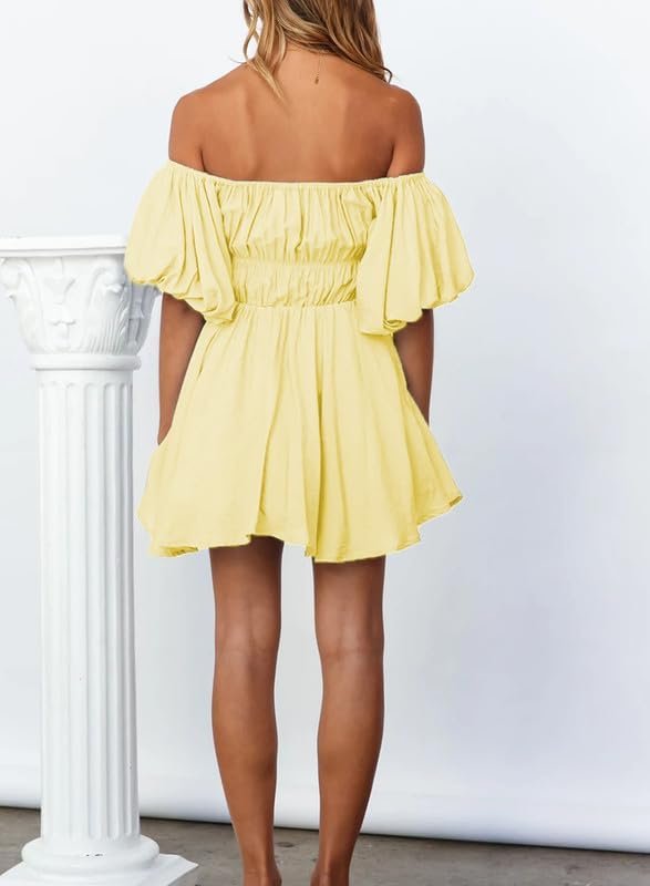 Saonta  Womens Off The Shoulder Summer Dresses 2024 Short Lantern Sleeve Ruffle Elastic Waist A-Line Casual Mini Dress