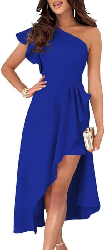 Saonta  Womens One Shoulder Sleeveless Ruffle Empire Waist Asymmetrical High-Low Bodycon Formal Wedding Guest Midi Dresses