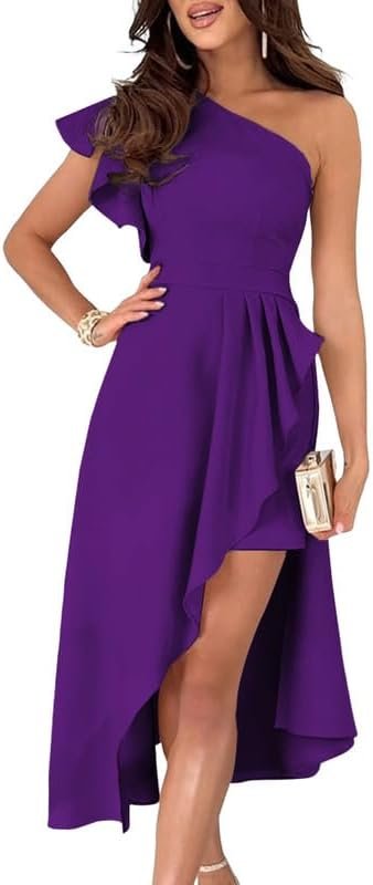 Saonta  Womens One Shoulder Sleeveless Ruffle Empire Waist Asymmetrical High-Low Bodycon Formal Wedding Guest Midi Dresses