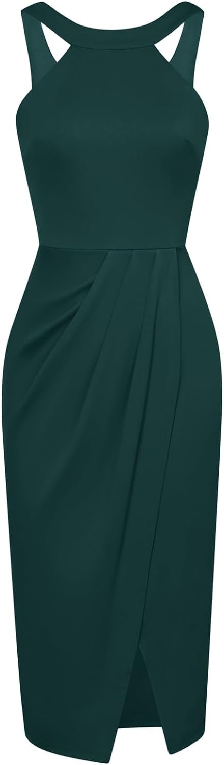 Saonta  KARIN Women's Halterneck Sleeveless Ruched Bodycon Slit Wrap Party Cocktail Midi Dress