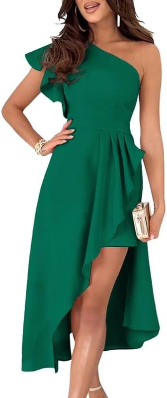 Saonta  Womens One Shoulder Sleeveless Ruffle Empire Waist Asymmetrical High-Low Bodycon Formal Wedding Guest Midi Dresses