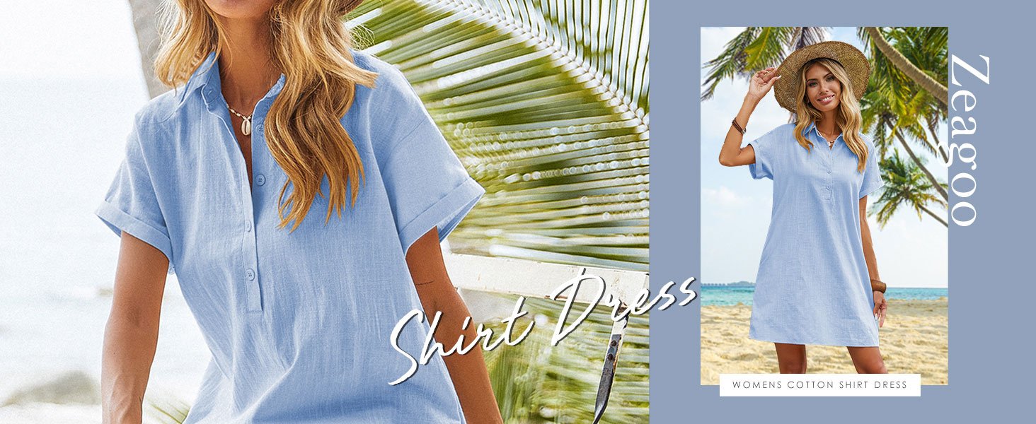 Womens Summer Casual Short Sleeve Button Down Beach Cotton Shirt Dress