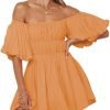Saonta  Womens Off The Shoulder Summer Dresses 2024 Short Lantern Sleeve Ruffle Elastic Waist A-Line Casual Mini Dress