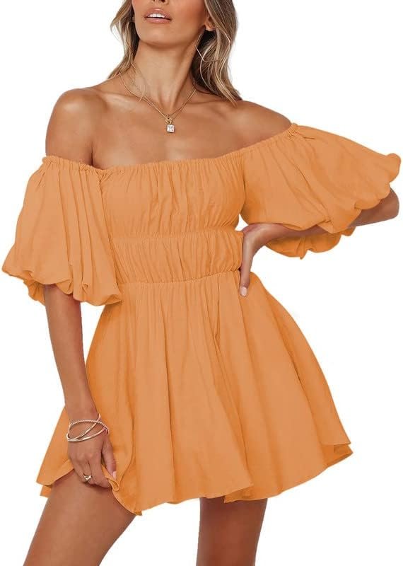 Saonta  Womens Off The Shoulder Summer Dresses 2024 Short Lantern Sleeve Ruffle Elastic Waist A-Line Casual Mini Dress