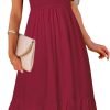 Saonta  Women's Summer Casual V Neck Ruffle Sleeve Smocked High Waist Midi Dress with Pockets
