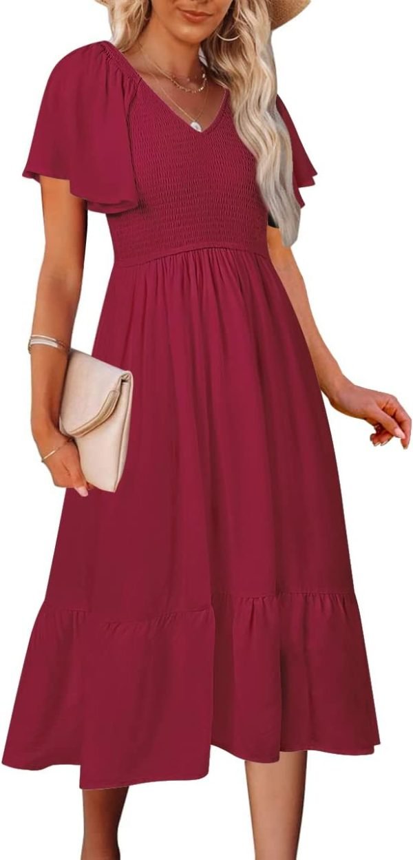 Saonta  Women's Summer Casual V Neck Ruffle Sleeve Smocked High Waist Midi Dress with Pockets